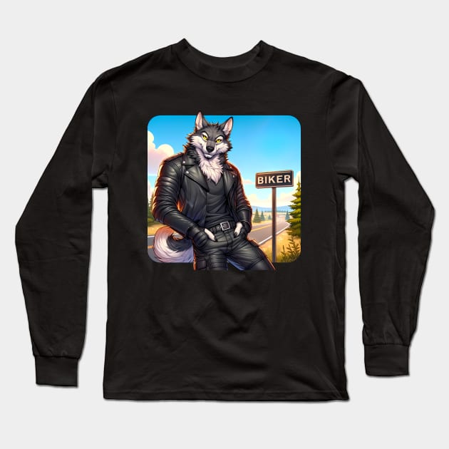 Leather Biker Wolf Anthro Furry Art Long Sleeve T-Shirt by Blue Bull Bazaar